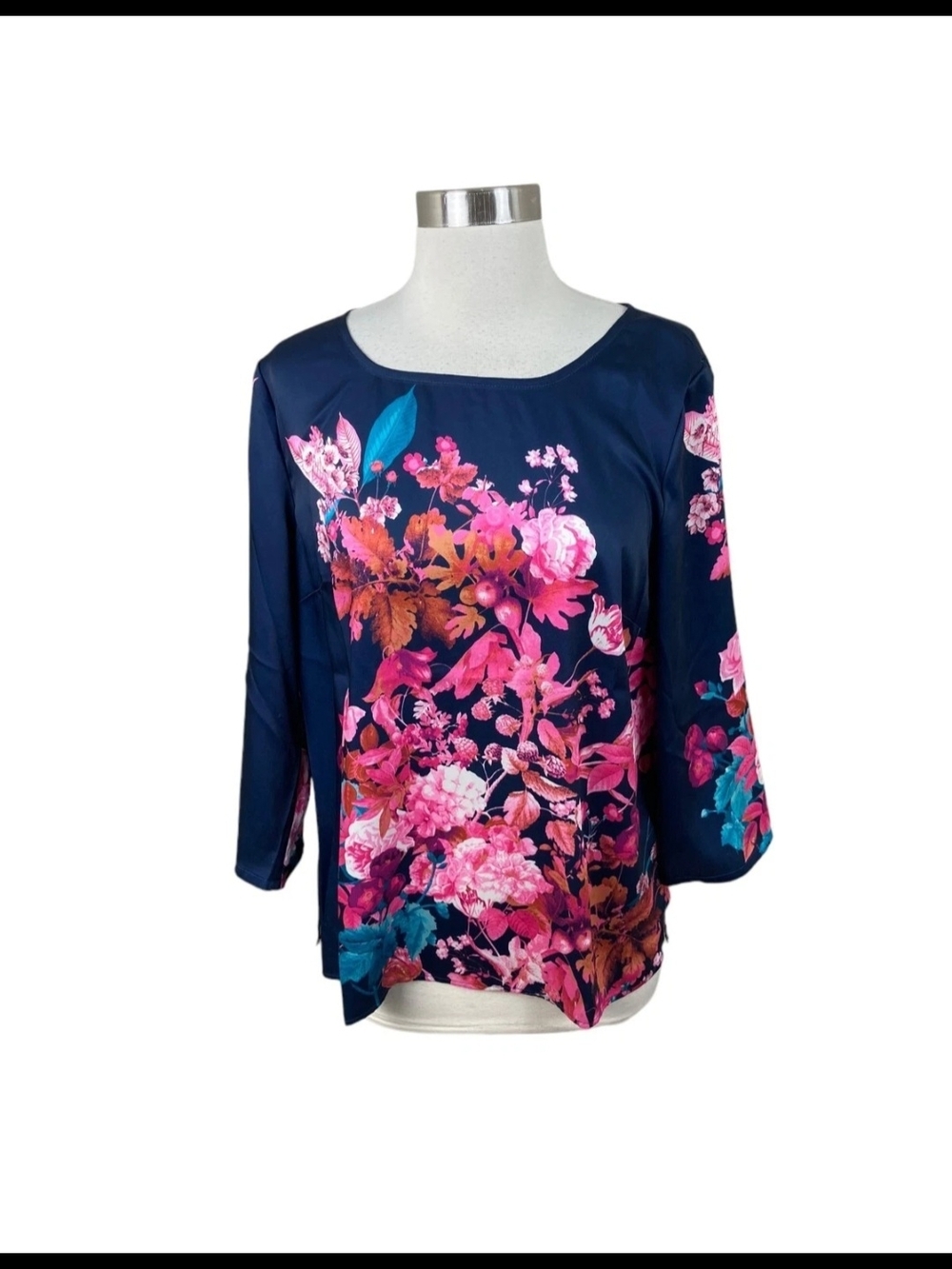 Talbots Navy Floral Boatneck Blouse with Pink Accents